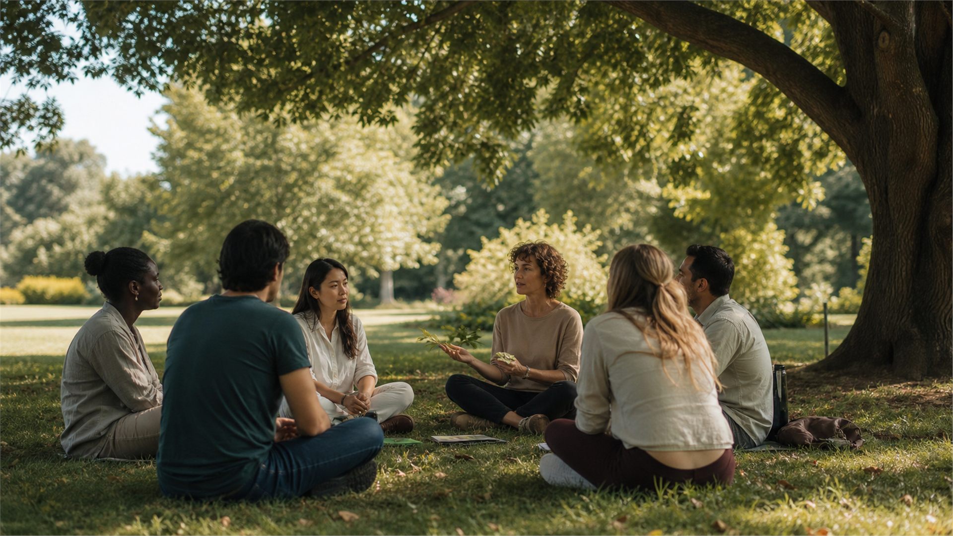A small group sharing a guided nature therapy circle beneath a tree