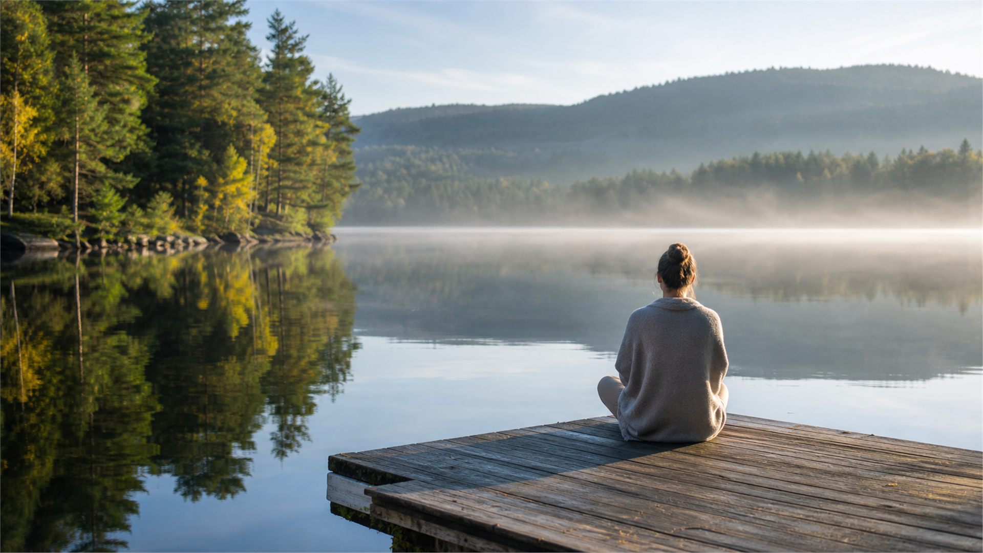 A person sitting quietly on a dock beside a calm lake