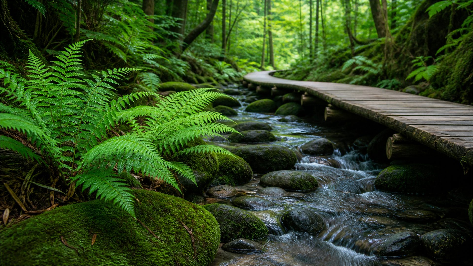 Fern leaves, moss, stones, and a stream beside a wooden nature trail